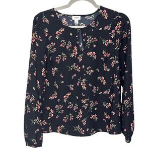 J. Crew Womens Black Floral Print Long Sleeve Keyhole Blouse‎ Top Size M